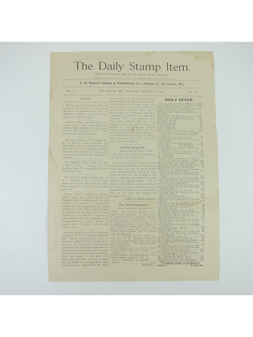 The Daily Stamp Item Collectors Newspaper Magazine Philatelic Antique 1896 RARE